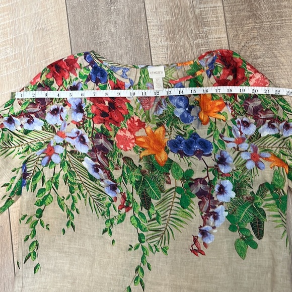 Chicos Linen Tan Tropical Floral 3/4 Length Shirt Size 1P - Picture 9 of 12